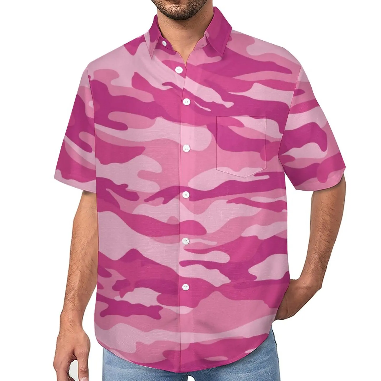 

Cute Camouflage Casual Shirts Pink Camo Print Beach Shirt Hawaiian Vintage Blouses Mens Graphic Plus Size
