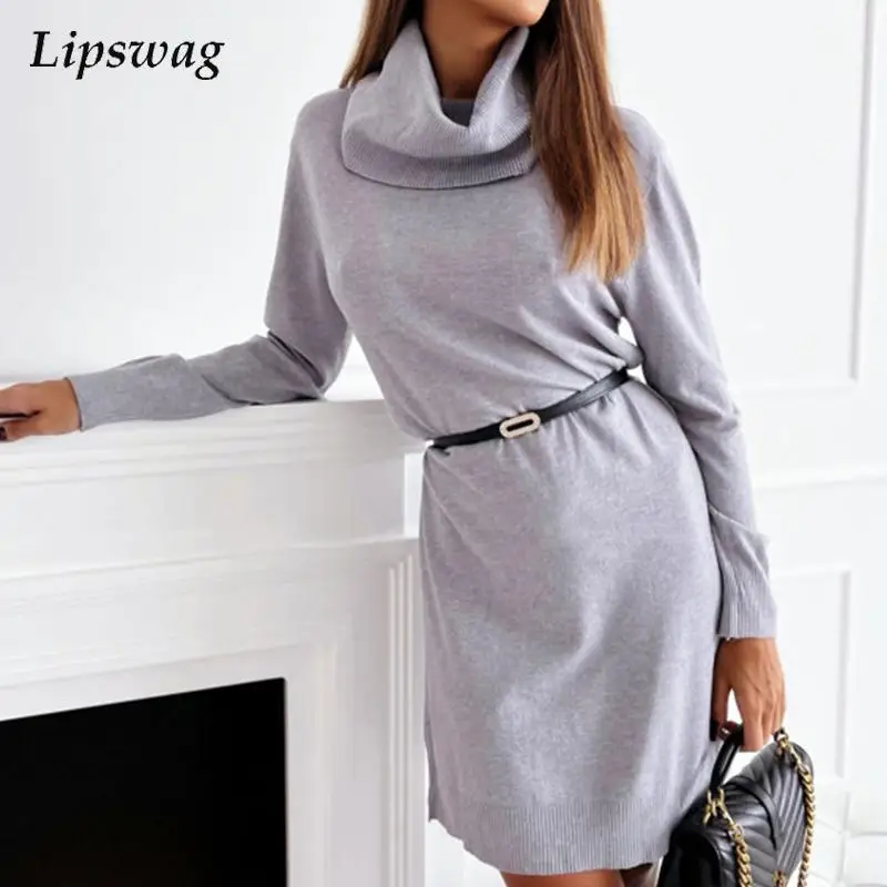 

Осеннее повседневное однотонное вязаное платье с длинным рукавом, женское модное вязаное платье с высоким воротником, женские винтажные Св...