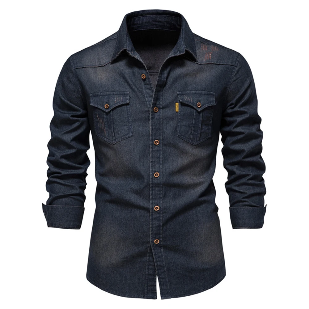 

New In Men Denim Shirt Autumn Winter Vintage Casual Solid Single Breasted Long Sleeve Blouses Shirts Man Fall Clothes Jean Tops