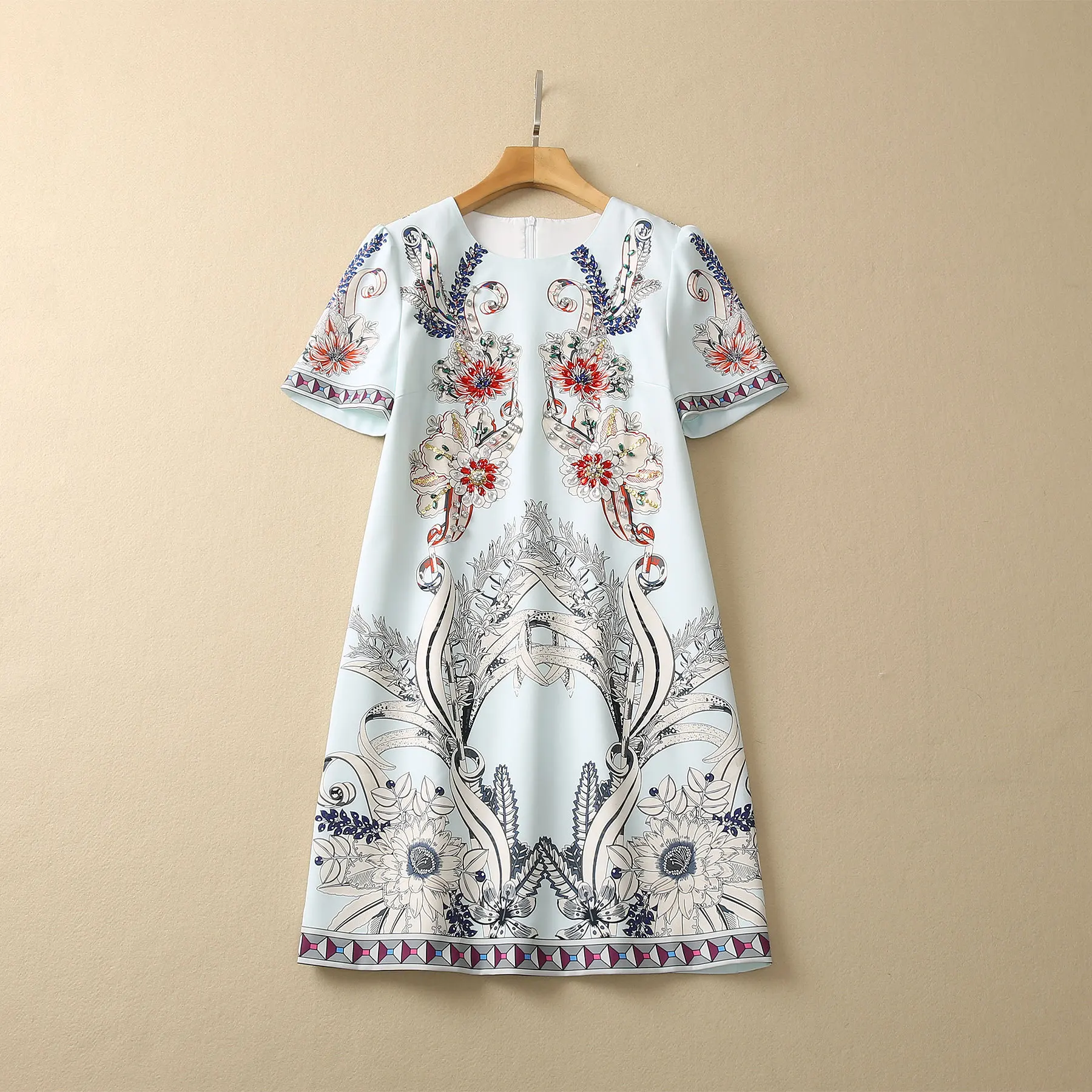 European and American women's clothes 2023 spring new Round neck Short sleeve heavy duty nail bead printing Fashionable dress