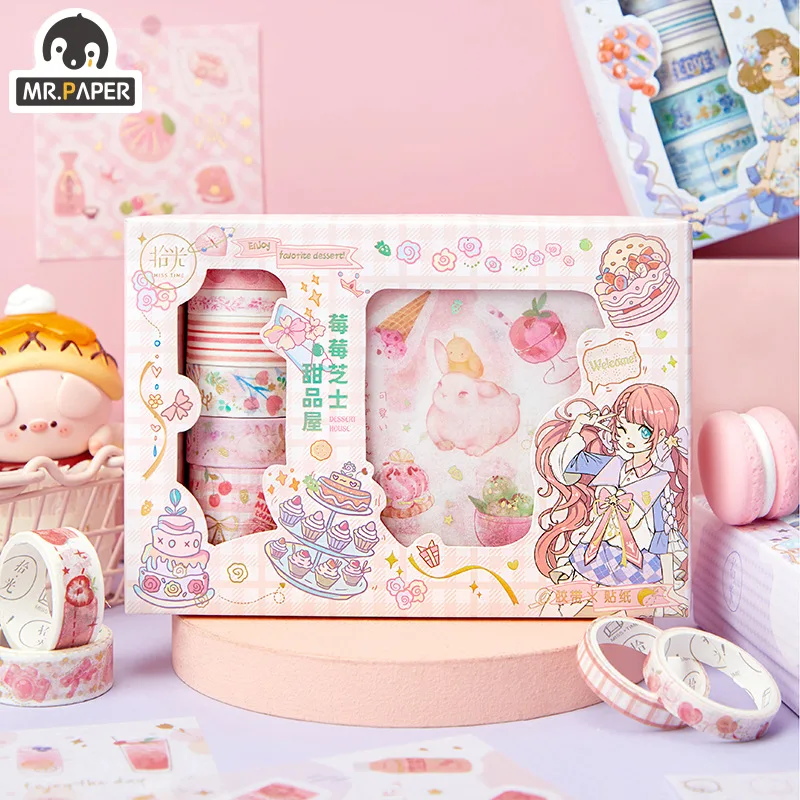 

Mr.paper 4 Styles 6Rolls/Box Kawaii Japanese Stationery Washi Tape Set Including 6 Cute Girly Stickers DIY Hand Account Deco