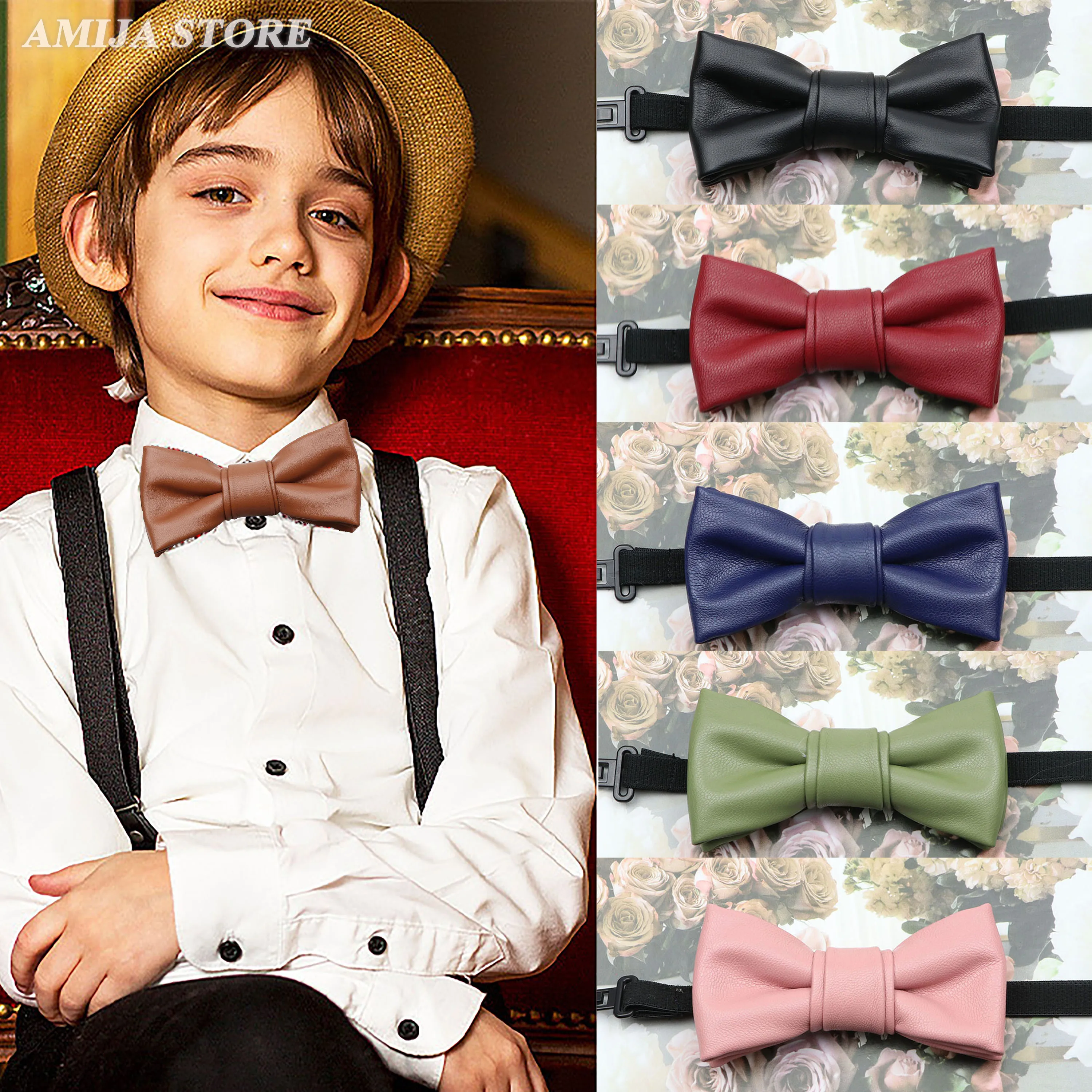 Children Bowties Solid PU Leather Butterfly Bowtie Wedding Accessories Gift Bow Tie Party Boy Tie Suit Tuxedo Adjustable Bowknot