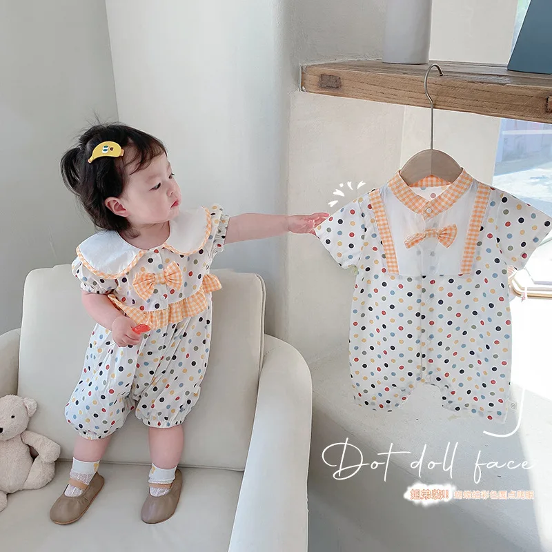 

Infant Toddler Short Sleeve Bodysuit Summer Brother and Sister Polka Dot Rompers Baby Boys Girls Bow Plaid Doll Collar Jumpsuit