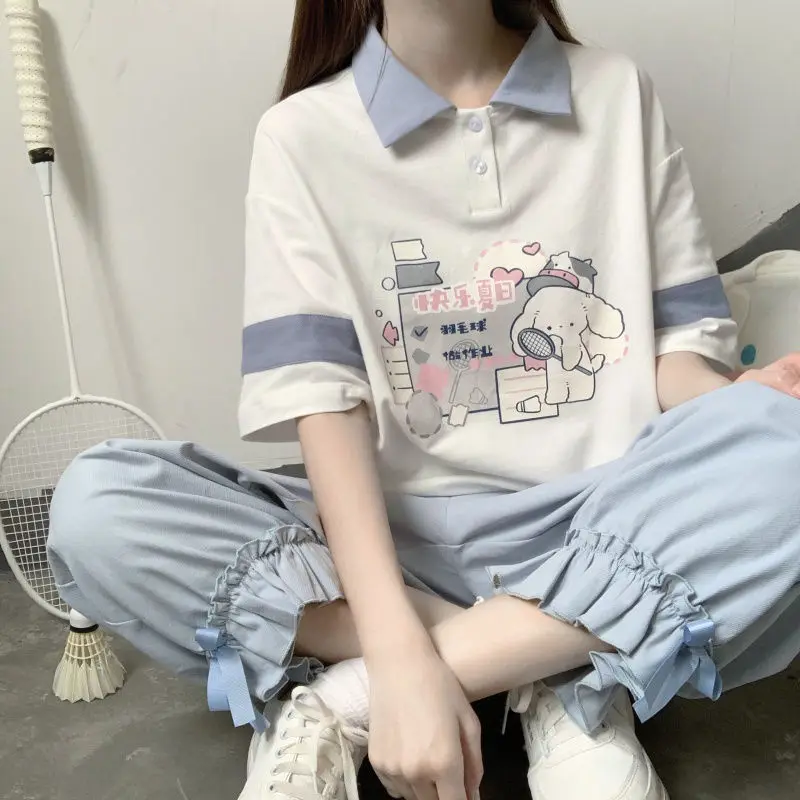 

Summer new style Japanese sweet and cute hit color cartoon Polo shirt lapel short-sleeved T-shirt loose female cotton