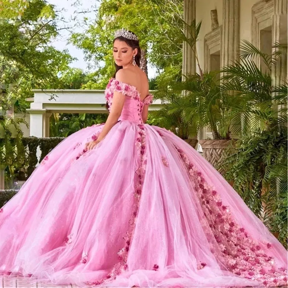 

Женское бальное платье Quinceanera, Розовое Бальное Платье с 3D цветами, блестящее Тюлевое платье 16 цветов