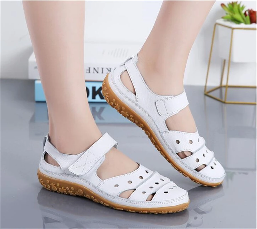 Women Sandals Genuine Leather Hollow Out Shoes Summer Cool Beach Sandals Flats Loafers Elegant Wedges Shoes Heeled Sandals