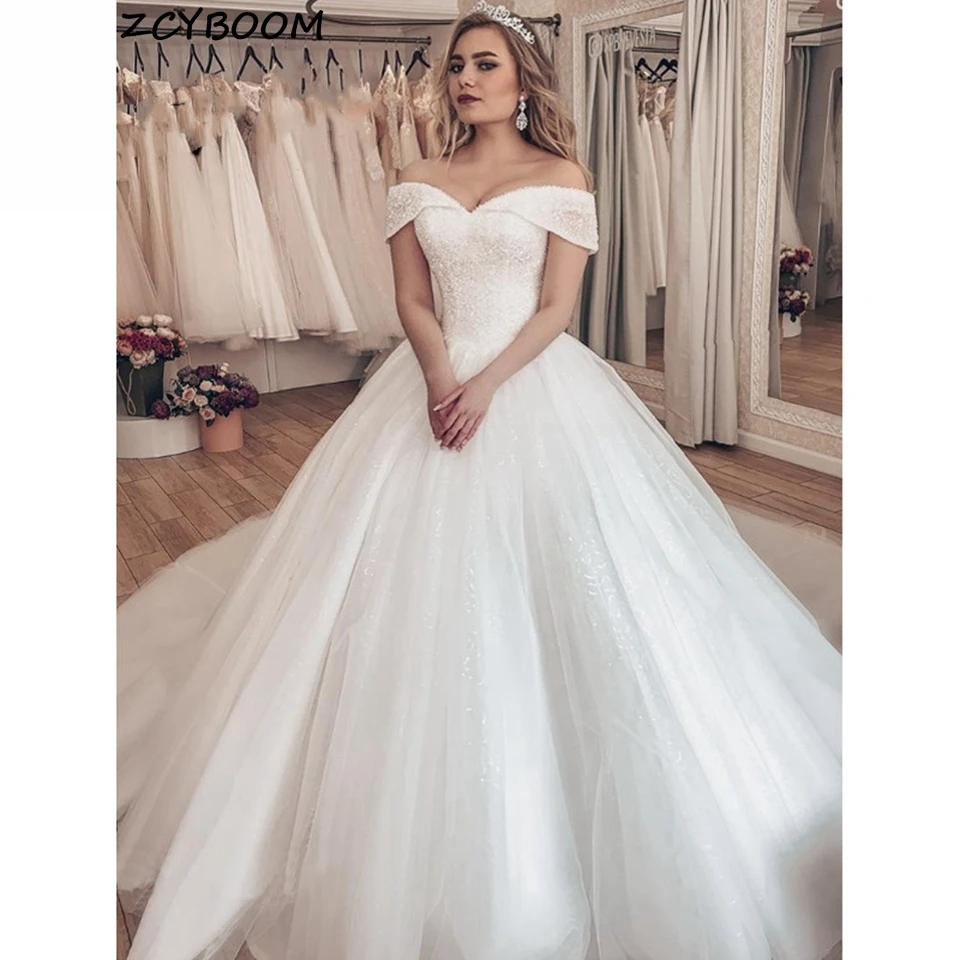 

White/Ivory Wedding Dresses 2023 Women Luxury Beading Vestido De Novia Elegant Off The Shoulder Sequins Tulle Long Wedding Gowns