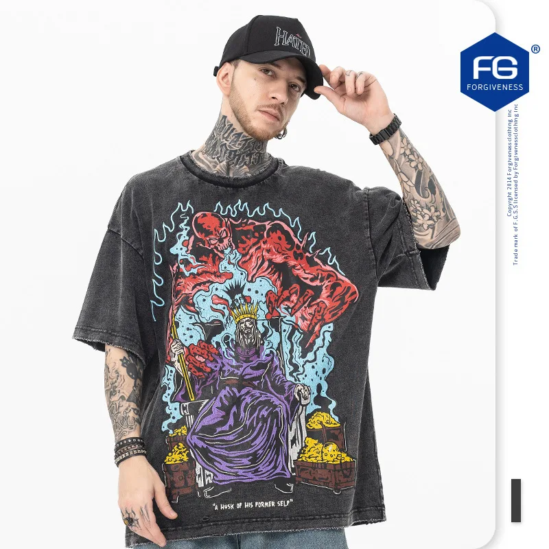 

2023 Summer New Short Sleeve T-shirt Season 6 Fashion Brand Hip Hop Heavyweight Wash Skull King Demon Print Short Sleeve T-shirt