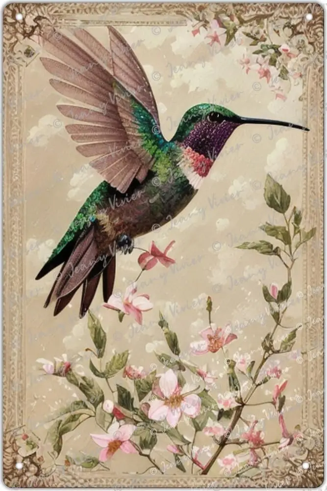 Hummngbrds Wll rt Prnt Metl Tn Sgns - Vntge Brds с цветочным плакатом Nture nmls rtwork для спальни Frmhouse Office Decor