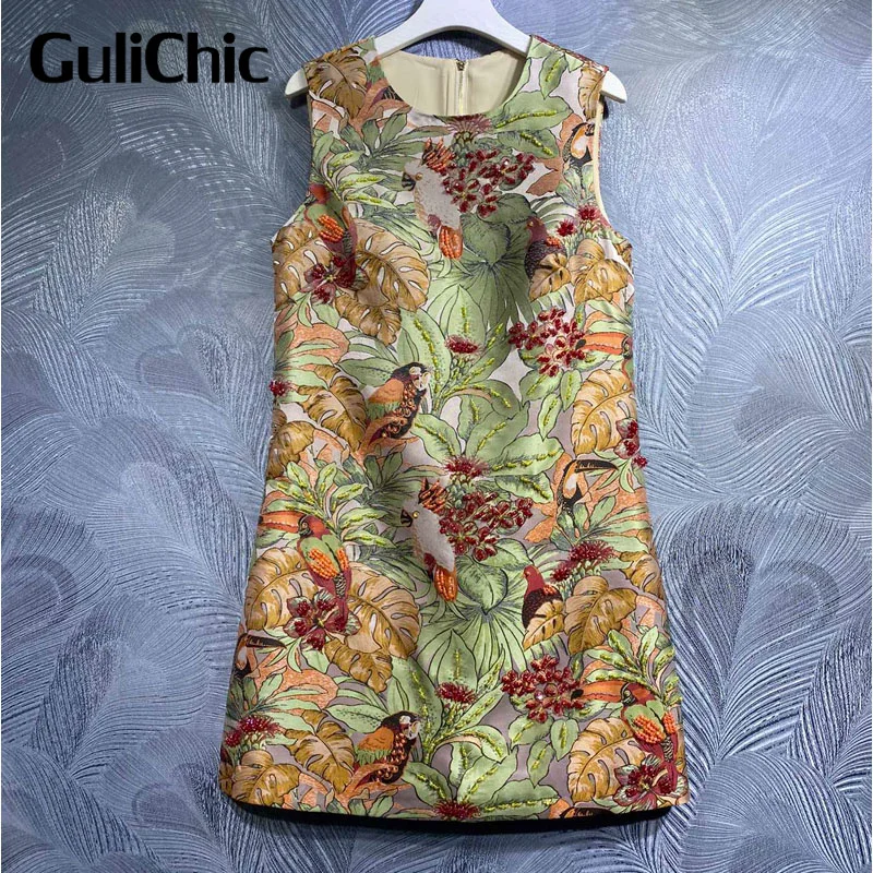 

3.25 GuliChic Women Vintage Flower Bird Print Beading Sleeveless Tank Dress