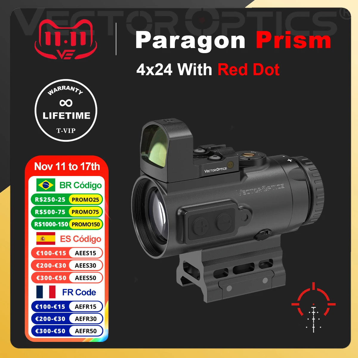 

Vector Optics Paragon 4x24 Micro Prism Rifle Scope Compact CQB Prism Optics IP67 Waterproof Fit AR15 .338 With Lifetime Warranty