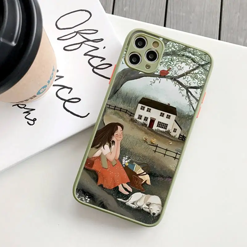 Cartoon Scenery Girl Phone Case for iPhone 14 11 12 13 Mini Pro Max 8 7 Plus X XR XS MAX Translucent Matte Cover