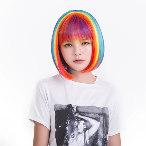 Разноцветный женский короткий синтетический парик с челкой