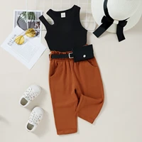 summer fashion little girls 1 6y clothes sets 2pcs solid sleeveless hollow out vest topspants with belt bag