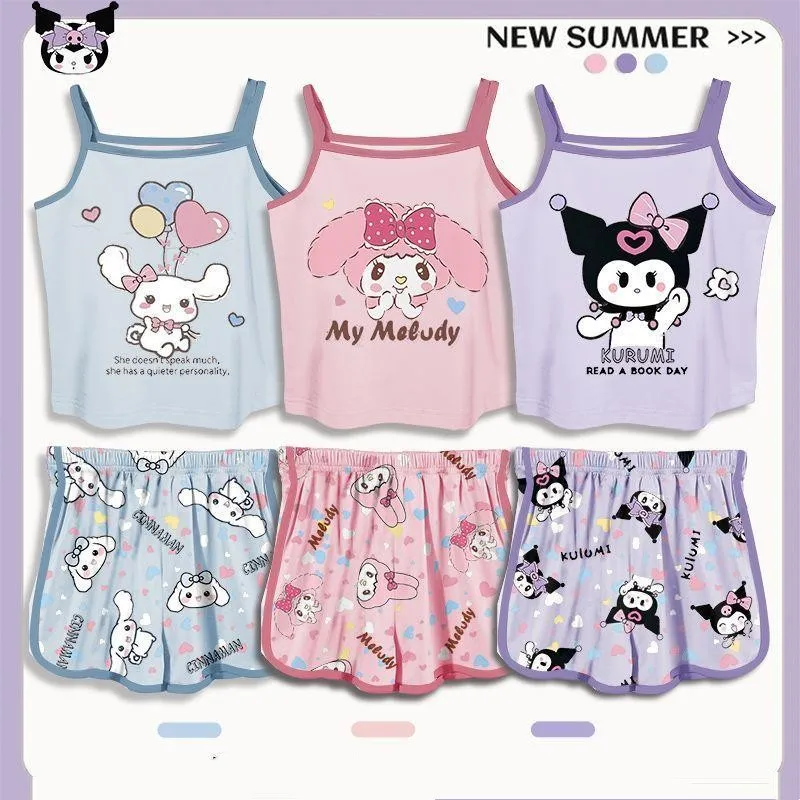 

Kawaii Cinnamoroll My Melody Чистый хлопок Sanrios подтяжки для девочек комплект детских пижам летняя Домашняя одежда kuromi комплект из двух предметов