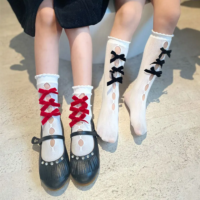 Baby Girl Socks Lace Bow Princess Socks Girls Kids Bow Knee High Non-slip Summer Spring Skarpetki Hollow Out Lolita Girl Sock