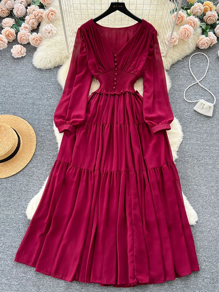 Women Autumn Dress Vintage Elegant V-Neck Long Sleeve Waist Wrapped Chiffon Dress with Sweet French Pleated Dress D4388