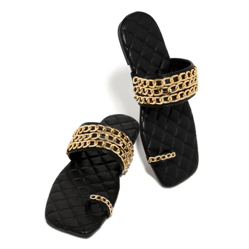 

Women Summer Weave Slides Chain Decorative Flip Flops Outdoor Sexy Casual Sandals Female Square Heel Slippers Plus Size 43
