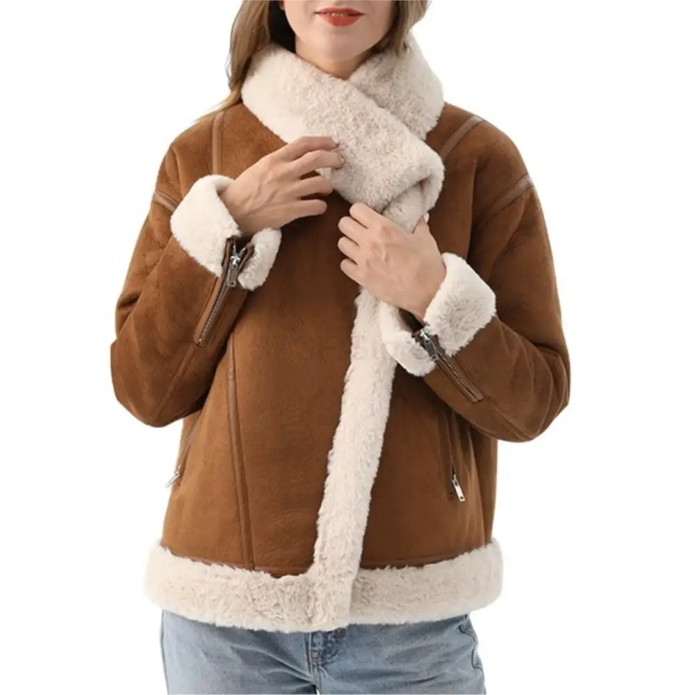 Women Fashion Long Sleeve Thick Warm Outerwear Pure Color Teddy Real Fur Lamb Coat Winter Leisure Zipper Women's Fur Coat
