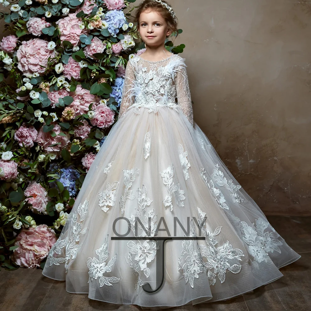 Изысканное Цветочное платье JONANY для девочек, Тюлевое платье с перьями, Прямая поставка, детское платье для первого причастия, красивое вечернее платье, платье с вырезом