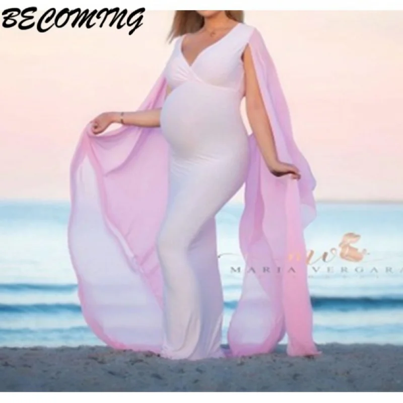 

Dresses photoshoot Long Flying Chiffon Sleeve Maternity Gown Photo Shoot V-neck Stretchy Cotton Pregnant Woman Baby Shower Dress