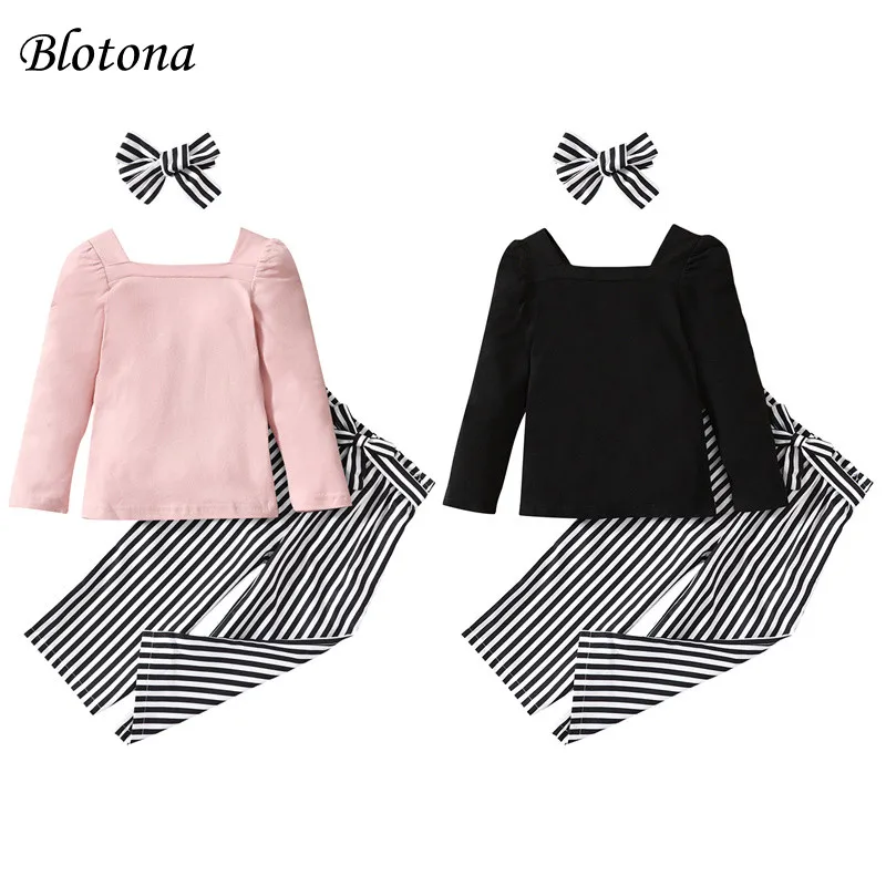 

Blotona Kids Girls Clothes Set Long Sleeves Pullover Tops and Vertical Stripe Pants with Belt Headband Fall Outfits 3-7Years