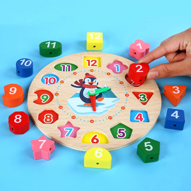 

Montessori Kids Wooden Puzzle Clock Toys Education Beaded Shape Cognition Learning Toy For Children Preschool Clock Teaching Aid