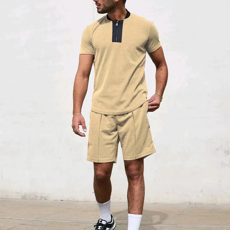 Waffle Splice Stand Neck Set Fashion Casual Half Zipper Short Sleeve Shorts Sports Set Men's 2023 New Men's Clothing Tracksuits