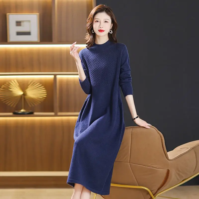 2023 Casual O-Neck Loose Solid Color Autumn Winter Sweater Dress Female Neck Dress Sweater Bottoming Maternity Dress R90