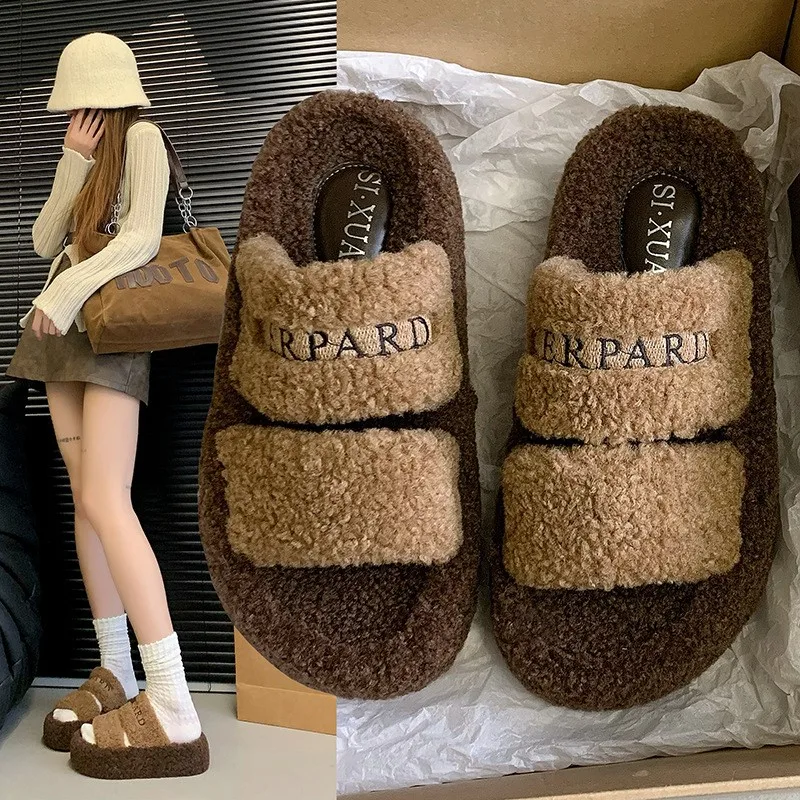 Шлепанцы женские из овечьей шерсти с вышивкой и надписью на толстой подошве