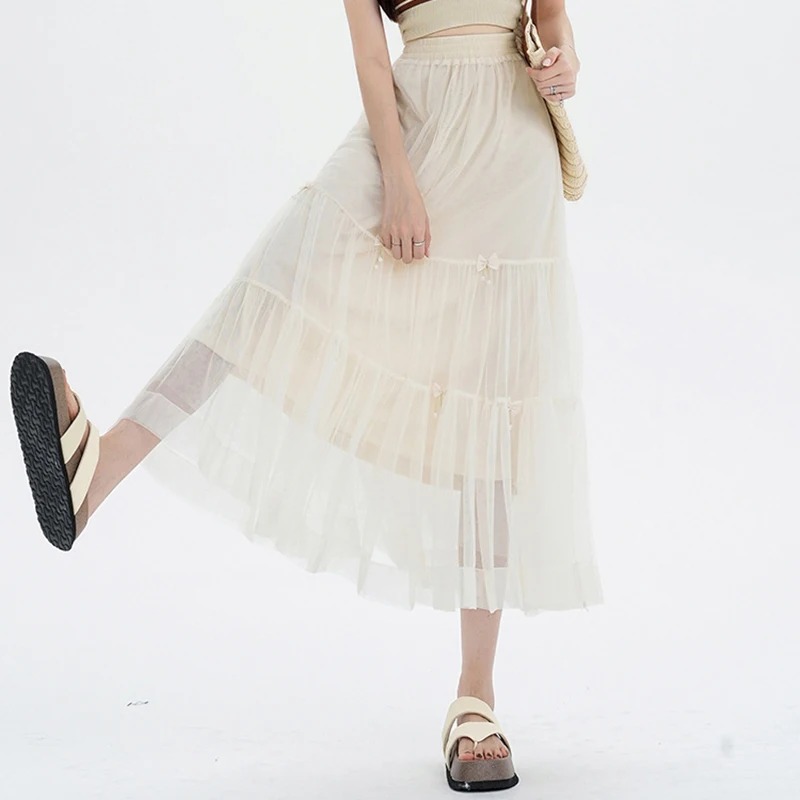 Повседневная однотонная тюлевая сетчатая юбка с бантом модная милая юбка-пачка