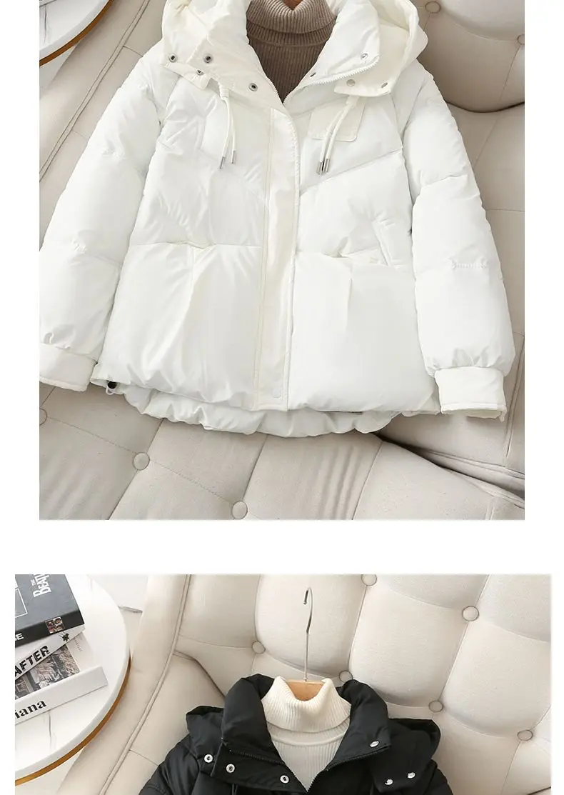 2023 Winter New Fashion White Duck Down Short Jacket Women Thick Warm Loose Hooded Pockets Coat Outwear Down Coat Ladies M46