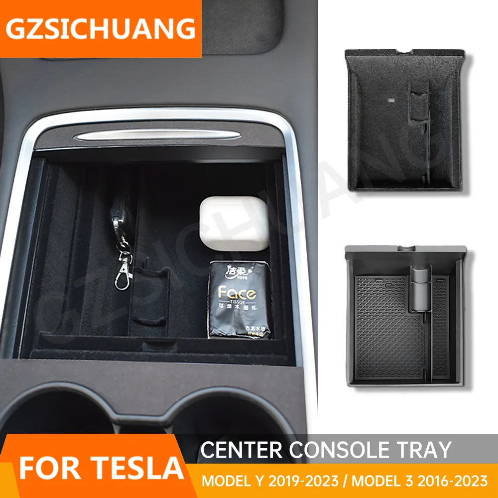 

Center Console Organizer For Tesla Model 3 Model Y 2021 2022 2023 Flocking Flocked ABS Armrest Storage Box Tray Accessories