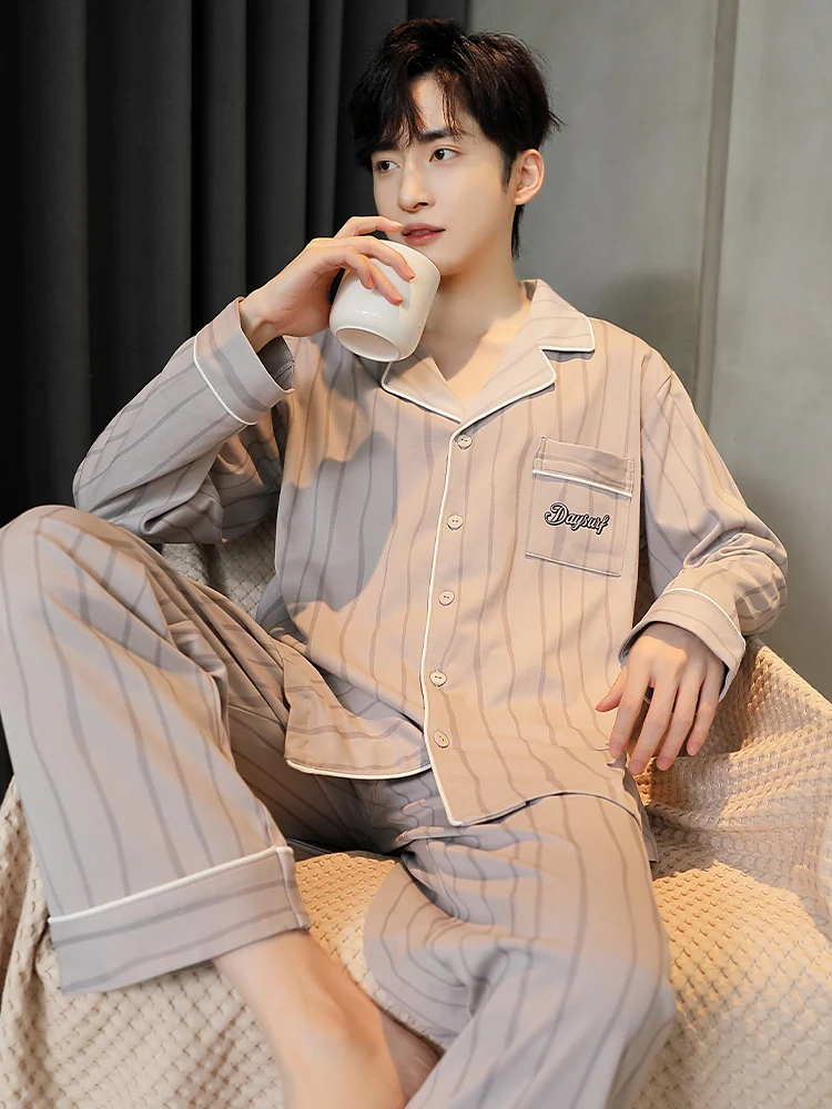 2024 New Pajamas Men's Spring and Autumn Cotton Long sleeve Pants Loose Simple Winter Home Wear Set