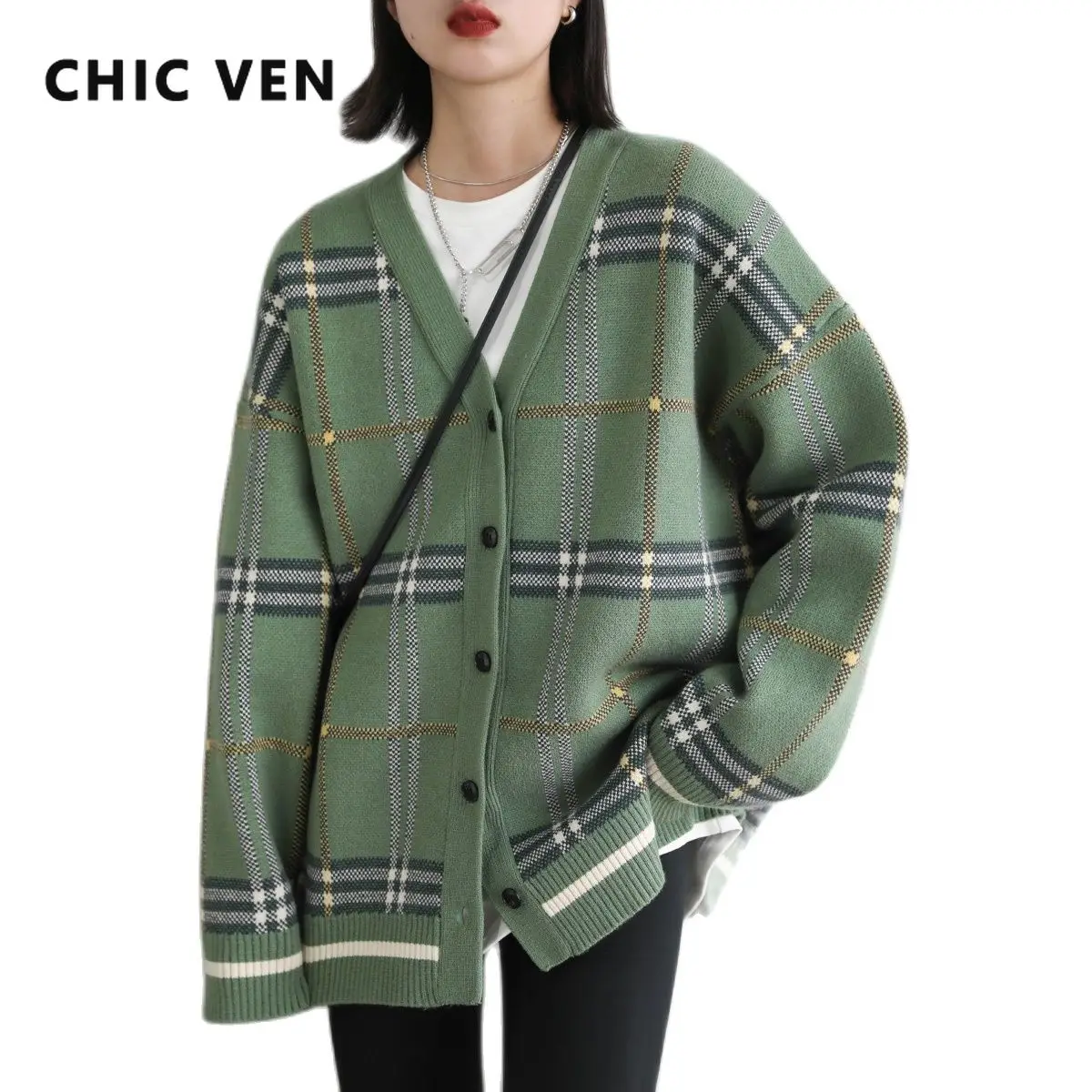 CHIC VEN Autumn Winter 2021 Women's Sweaters Original Vintage Loose V-neck Plaid Knitted Cardigan Korean Women Ladies Warm Coat