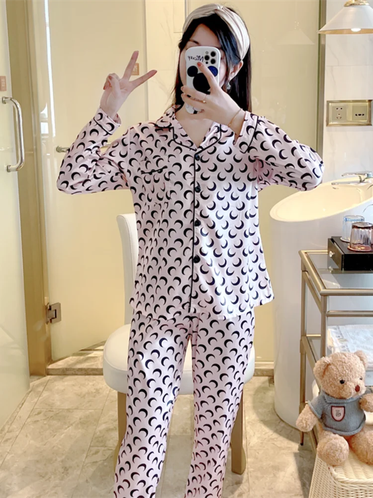 Pajamas Women's Ice Silk Long-sleeved Trousers Suit Spring Tide Brand Casual Pajamas Thin Section Light Luxury Women's Home Wear