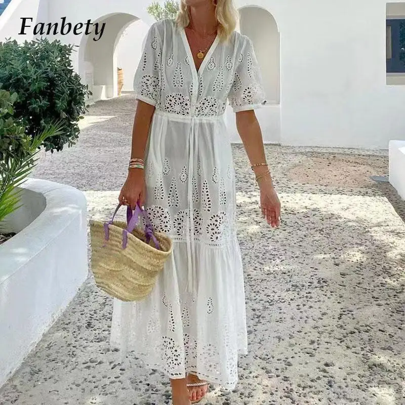 

2023 Casual Ladies White Beach Dress Fashion V Neck Hollow Out Waist Drawstring Loose Dress Summer Women Short Sleeve Long Dress