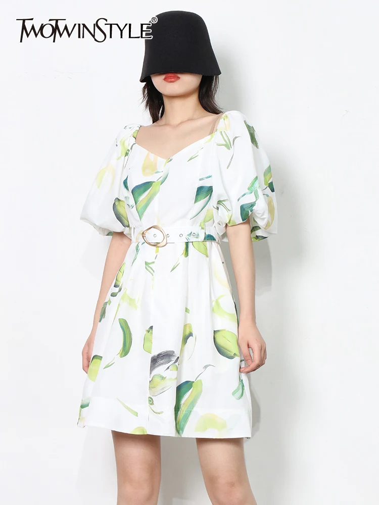 

TWOTWINSTYLE Print Summer Dress For Women V Neck Short Sleeve High Waist Colorblock Mini Dresses Female Korean Fashion Clothing