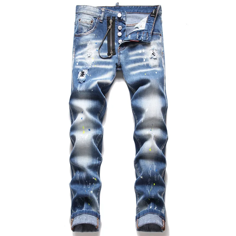 

New Sky Blue Sprinkle Paint Hand Zipper 3d Cube Watermark Worn Gun Painting High-end Zipper Wash Pants Jeans