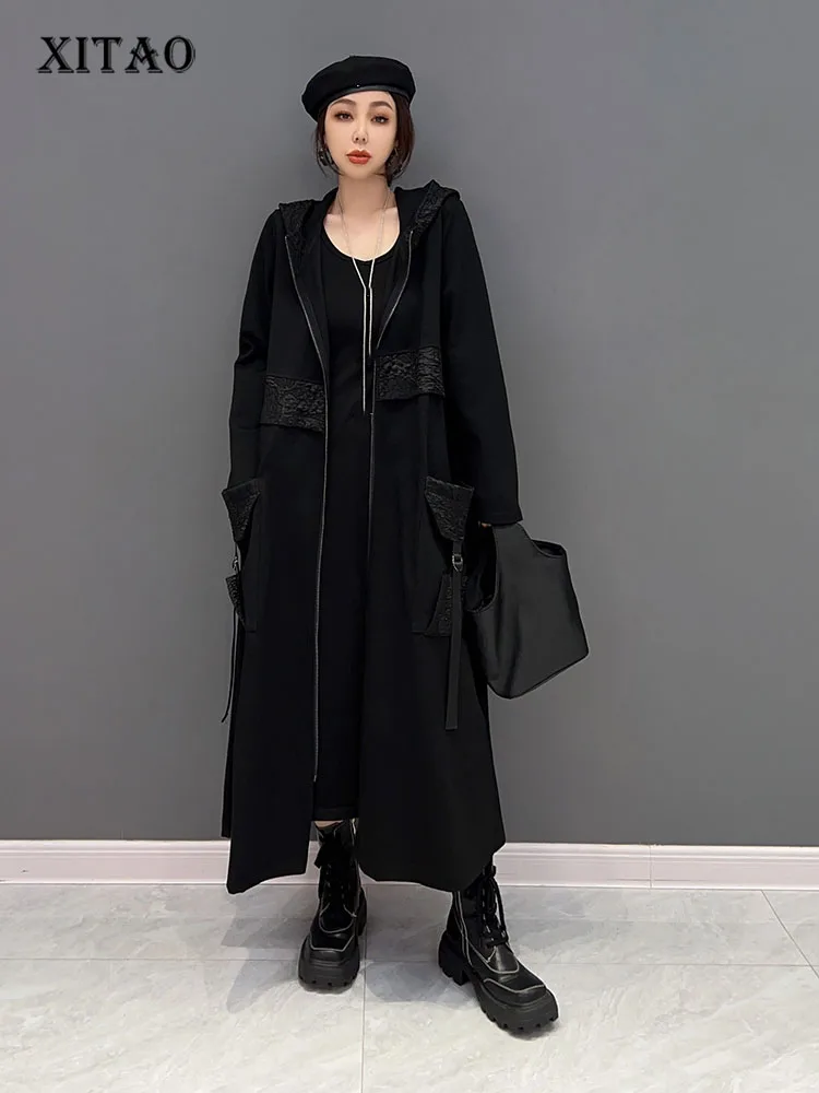XITAO Pocket Black Trench Women Fashion Full Sleeve Goddess Fan Casual Style 2022 Autumn Minority Loose Trench Coat SMH10054