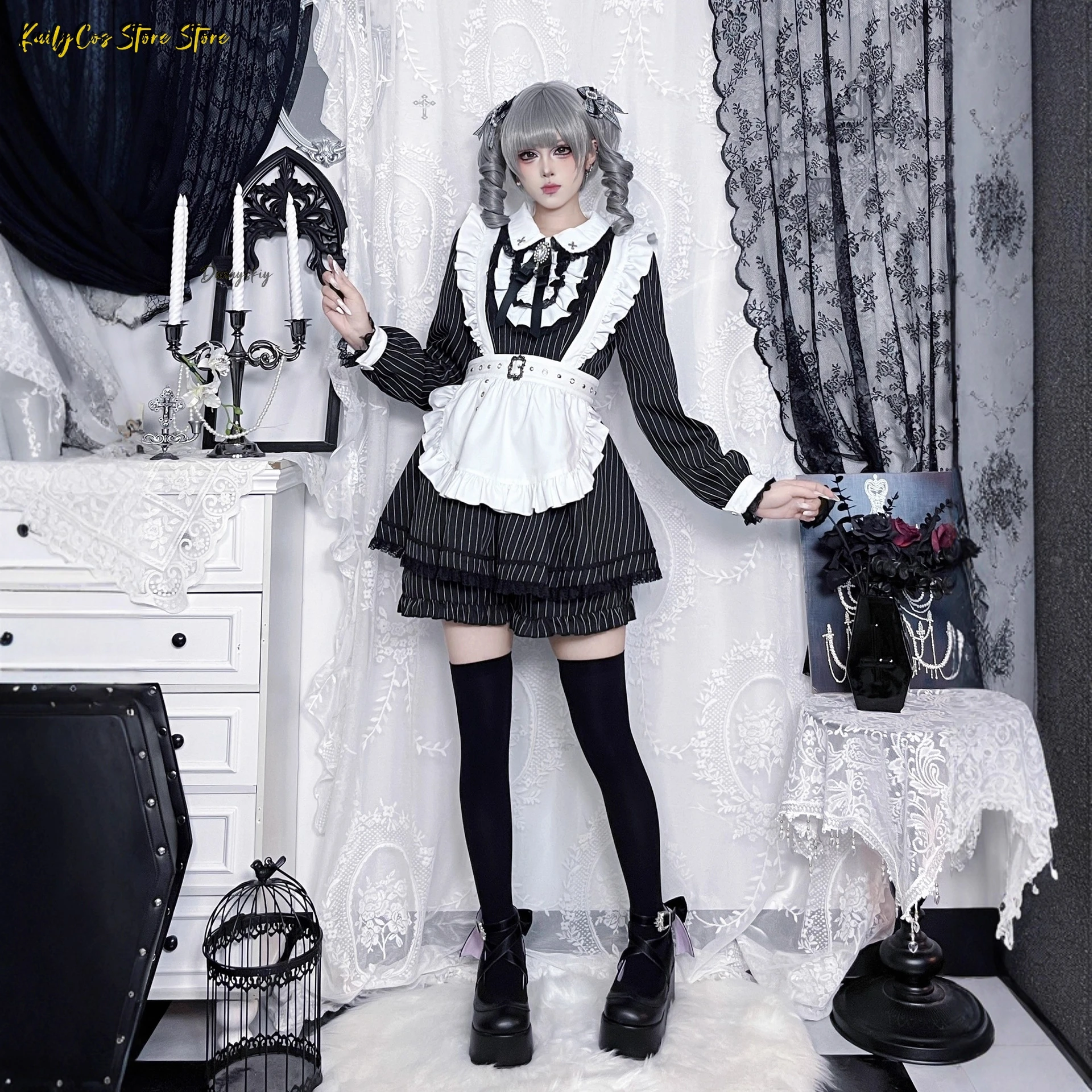 Фото Новый японский полосатый наряд горничной Jirai Kei Lolita, комплект платья с длинными рукавами, кружево с рюшами + фартук + пояс |   Аниме-стиль горничной №4