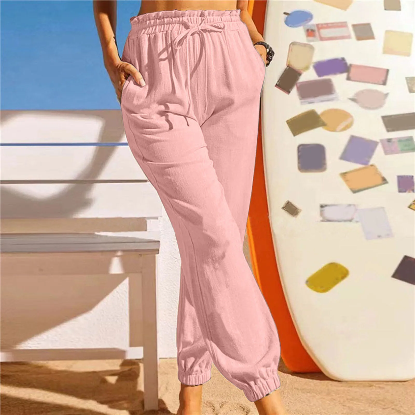 

Vintage Women's Trousers Casual Elastic Waist Solid Comfy Casual Cotton Linen Pencil Pants With Pockets Beach Harem Pants Women