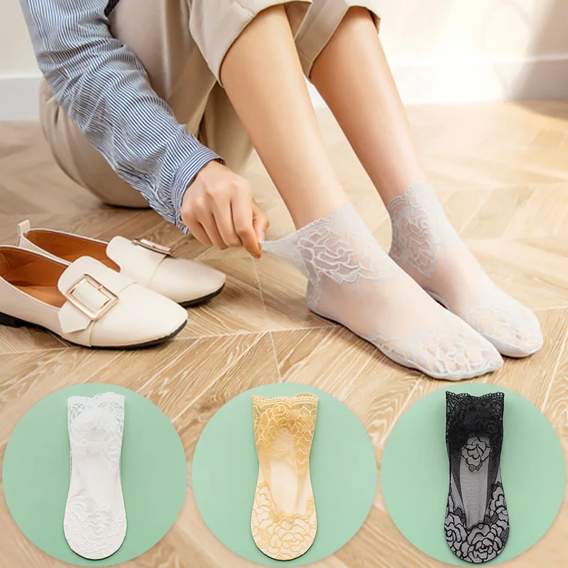 

Lolita Women Invisible Lace Socks Thin Ladies Lace Boat Socks Girls Hollow Non-slip Transparent Short Ankle Socks Slippers