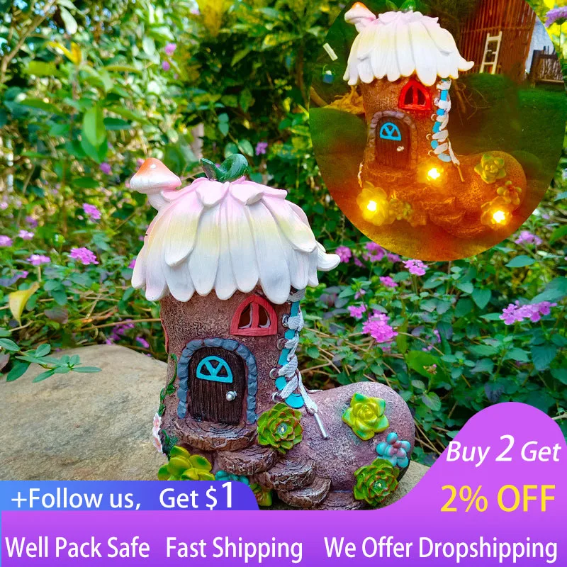 Garden Solar Lamp Fairy House Figurines Creative Shoes Resin Garden Ornaments Fairy House Resin Statue Lawn Dollhouse Ornament
