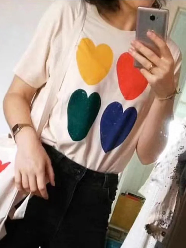 

Coeur Adulte T-Shirt Women Summer Cotton Round Neck Heart Graphic Beige Vintage Tee Tops Femme Loose Tshirt Tees