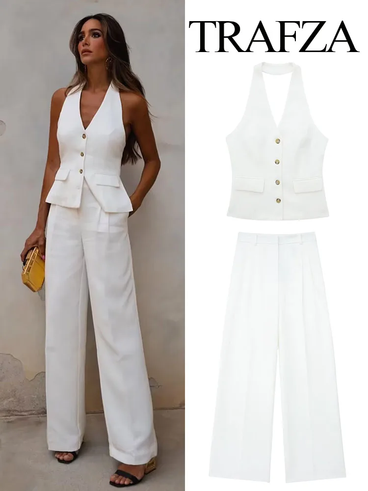 

TRAFZA Fashion Female Casual Vintage halter backless Sleeveless Waistcoat Chic Tops Women Pocket decoration Neck Vest Button-up