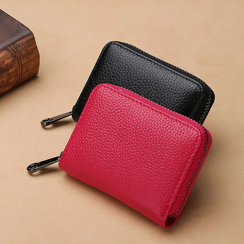 Cowhide Leather Id Credit Card Holder Wallet Coin Purse Zipper Organizer Multi-Slot Card Bag Zipper Wallet Holder
