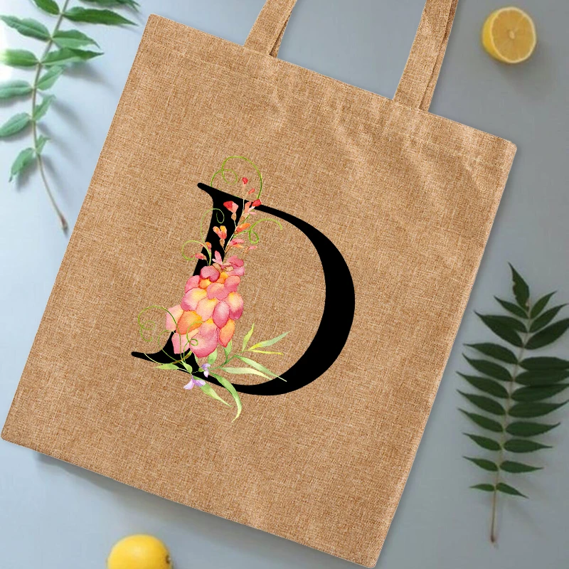 Woman Shopping Bag Linen Canvas Tote Hand Casual Reusable Simple Letter Print Shoulder Large Capacity Foldable Handbag |
