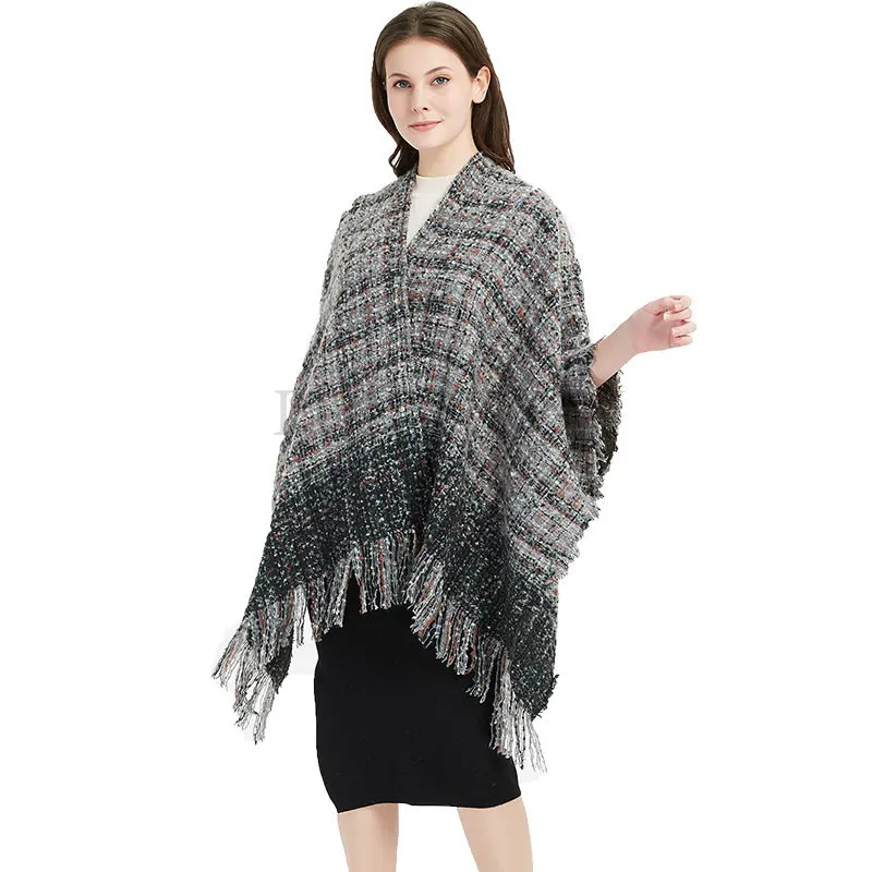 

Women Scarf Winter Women Fall Winter Bump Color Checked Fringe Cape Scarf Knit Shawl Capes and Shawls for Women