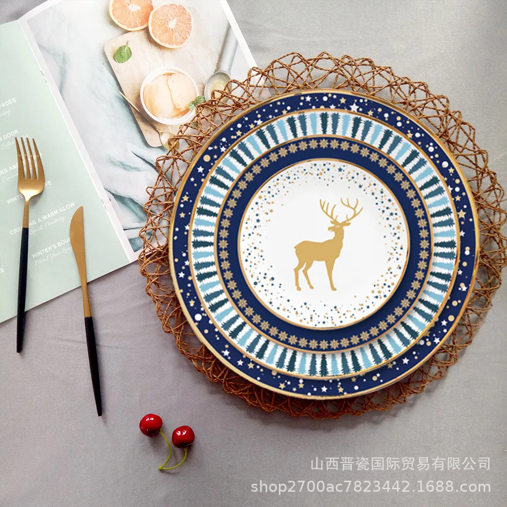 

Christmas New Year deer bone china tableware set Christmas theme steak dessert pasta plate cake dessert rack